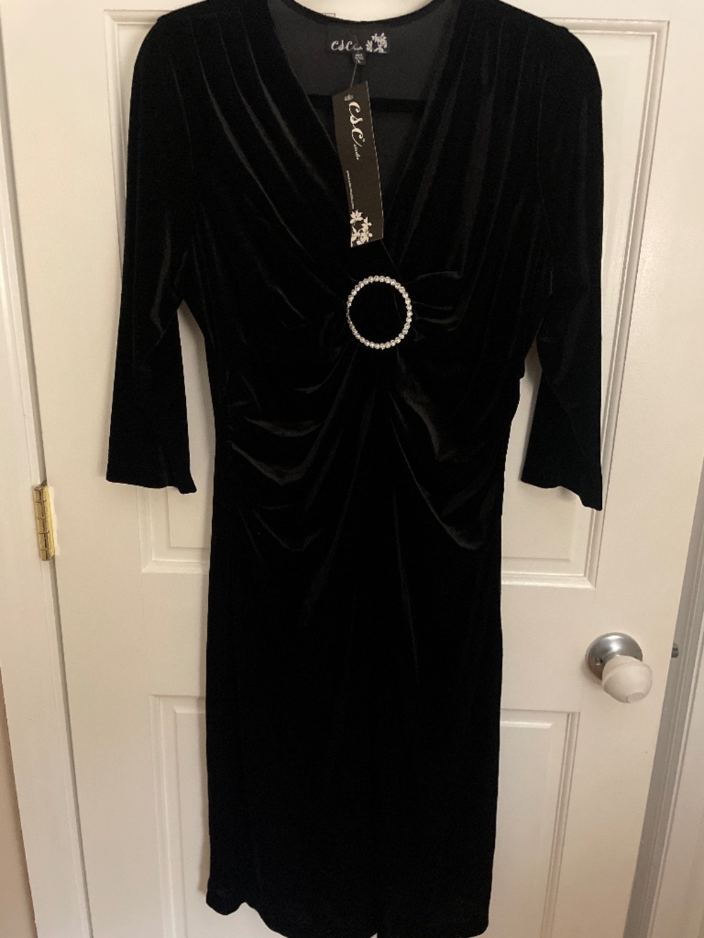 C&C Couture Black Velvet Rhinestone Buckle V-Neck Ruched Midi Dress